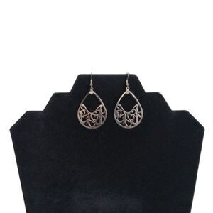 Silver Toned Cutout Arabesque Pattern Thin Metal Teardrop Dangle Drop Earrings